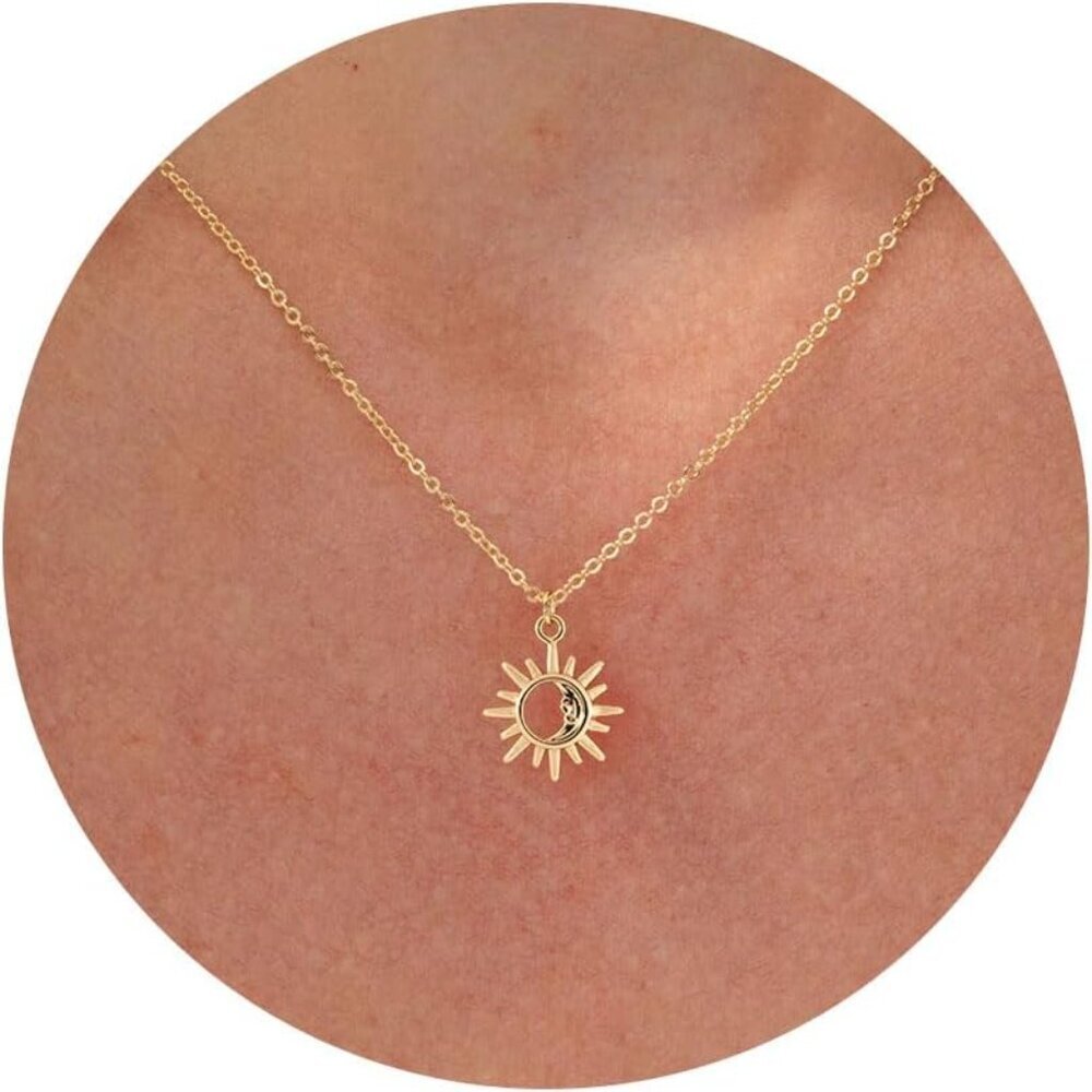 Dainty 14K Gold Plated Sun and Moon Necklace with Adjustable Chain for Women